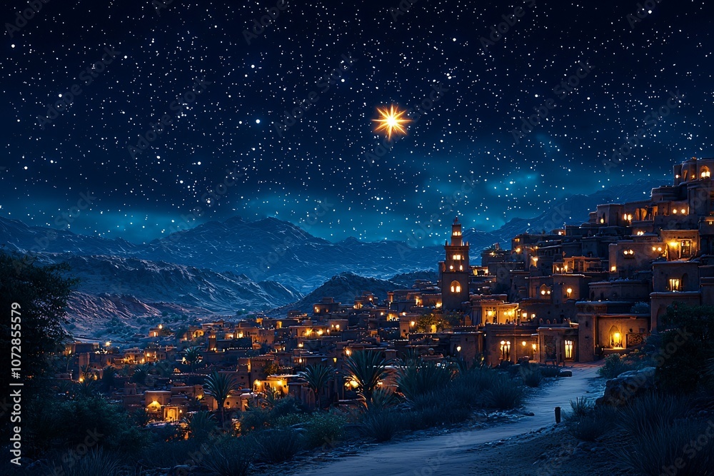 Serene winter night scene of a village under a starlit sky, ideal for Christmas or holiday-themed designs, showcasing peace and tranquility in nature. Serene winter night scene of a village under a starlit sky, ideal for Christmas or holiday-themed designs, showcasing peace and tranquility in nature.