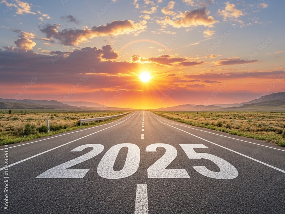 New year 2025 or straight forward concept. Text 2025 written on the road in the middle of asphalt road with at sunset. Concept of planning, goal, challenge, new year resolution.