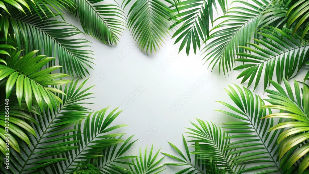 A vibrant display of lush, tropical palm leaves arranged in a circular frame, creating a natural and elegant border on a soft white background. A vibrant display of lush, tropical palm leaves arranged in a circular frame, creating a natural and elegant border on a soft white background.