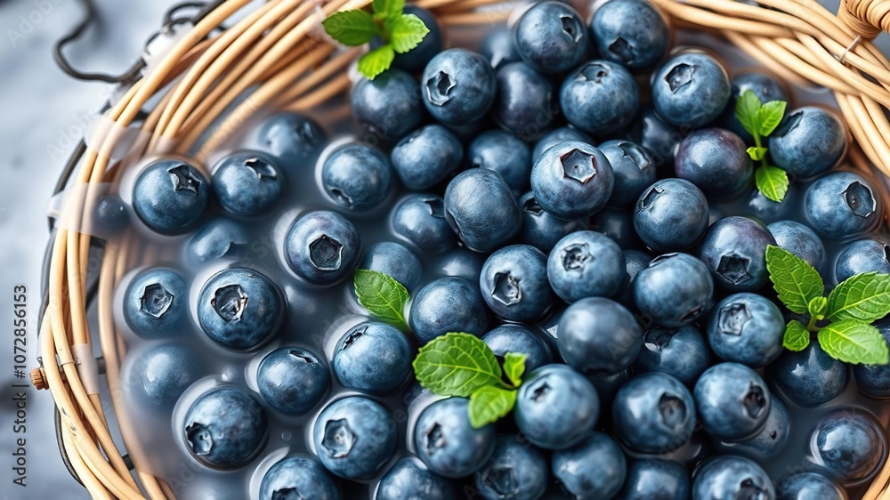 A basket or container filled with blueberries and water surrounding the blueberries, blueberries, logistics, water droplets A basket or container filled with blueberries and water surrounding the blueberries, blueberries, logistics, water droplets