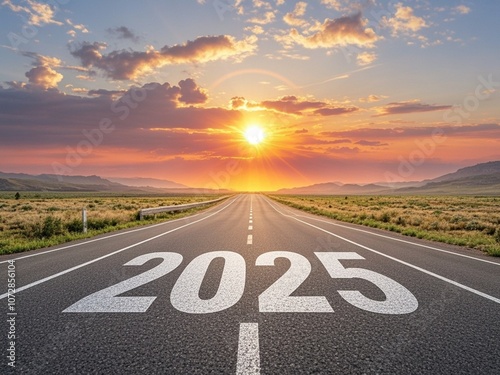 Obraz na płótnie New year 2025 or straight forward concept. Text 2025 written on the road in the middle of asphalt road with at sunset. Concept of planning, goal, challenge, new year resolution. w salonie