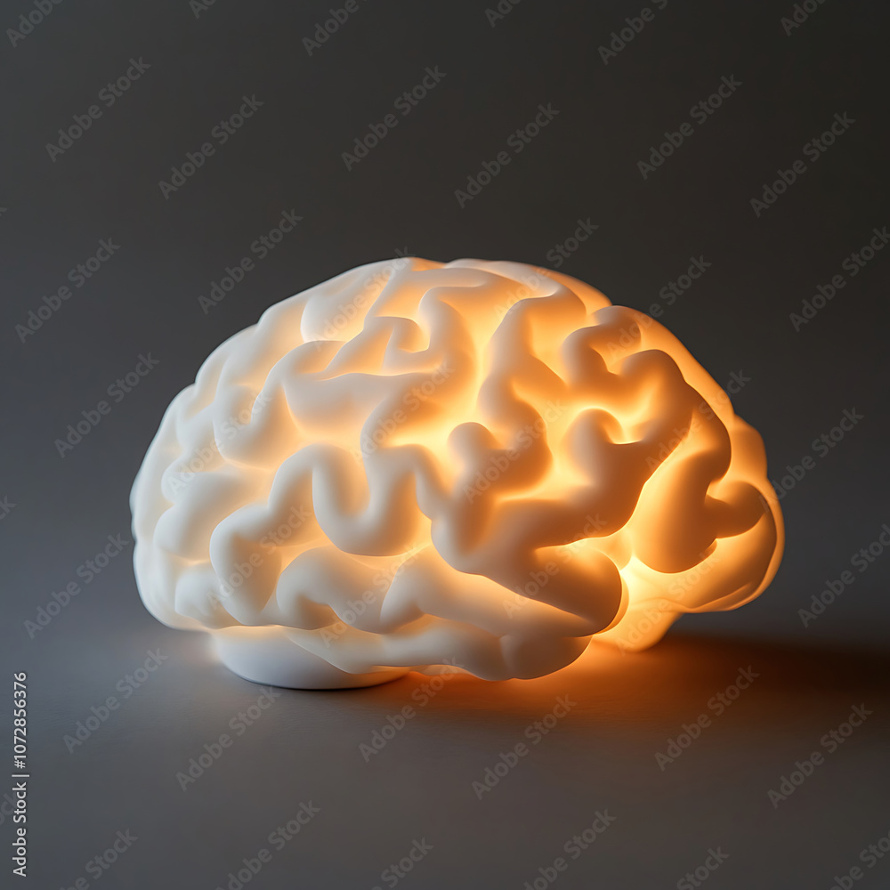 A miniature brain, softly glowing, representing intellect and creativity.