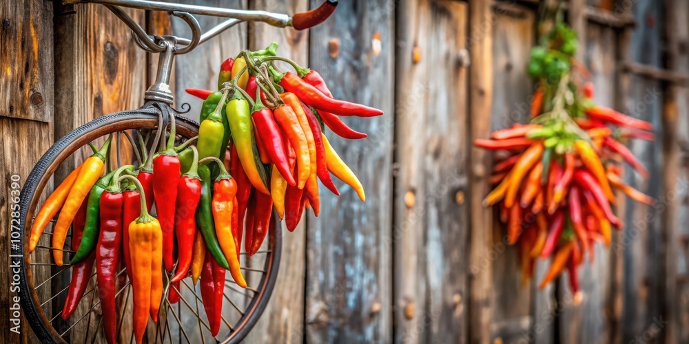 A Bicycle Wheel Decorated with Vibrant Red, Orange, and Green Chillies Hung on a Rustic Wooden Wall A Bicycle Wheel Decorated with Vibrant Red, Orange, and Green Chillies Hung on a Rustic Wooden Wall
