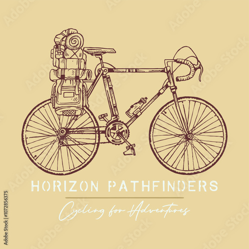 Freehand and simple art of a bicycle equipped for adventures. Editable design for printing on t-shirts, posters, etc.