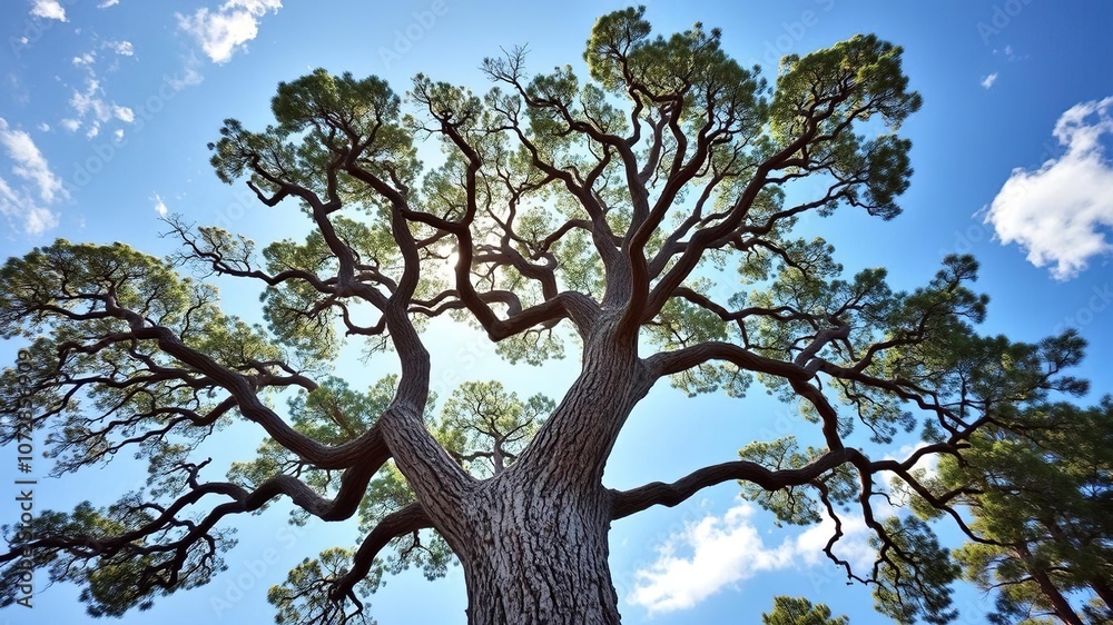 A majestic tree stands tall with a heart-shaped opening in its canopy, revealing a bright blue sky, heart shaped hole, leaves, forest architecture A majestic tree stands tall with a heart-shaped opening in its canopy, revealing a bright blue sky, heart shaped hole, leaves, forest architecture