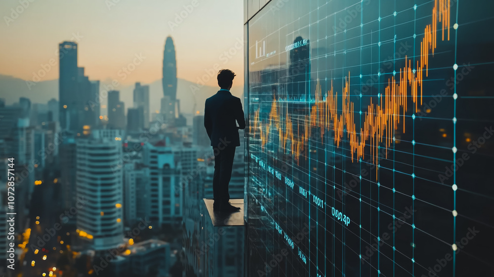 Abstract business man stands on the peak of success amid tall, innovative Smart city and graphs with statistics to analyze business potential and predict future developments in company growth.