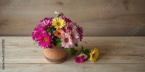 Wallpaper Mural A serene still life composition featuring a wooden tabletop adorned with a rustic flower pot filled with vibrant blooms, beauty, freshness Torontodigital.ca