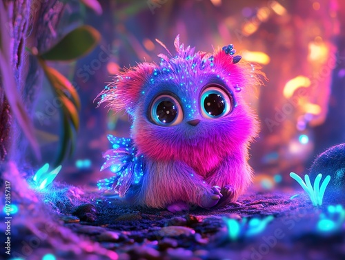 Cute Fantasy Creature with Big Eyes in Glowing Forest