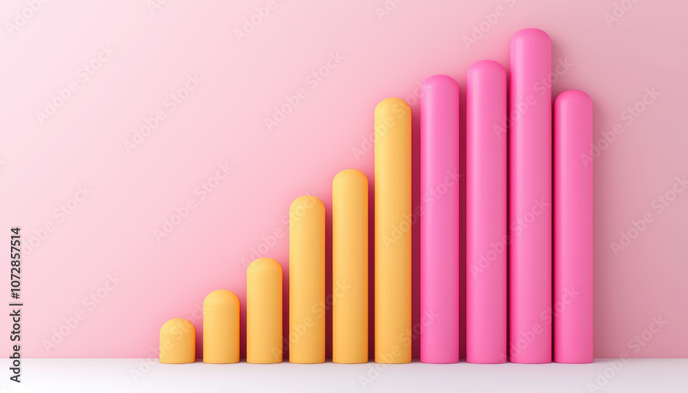 A colorful bar graph with yellow and pink cylinders on a pink background, illustrating increasing values or growth. A colorful bar graph with yellow and pink cylinders on a pink background, illustrating increasing values or growth.