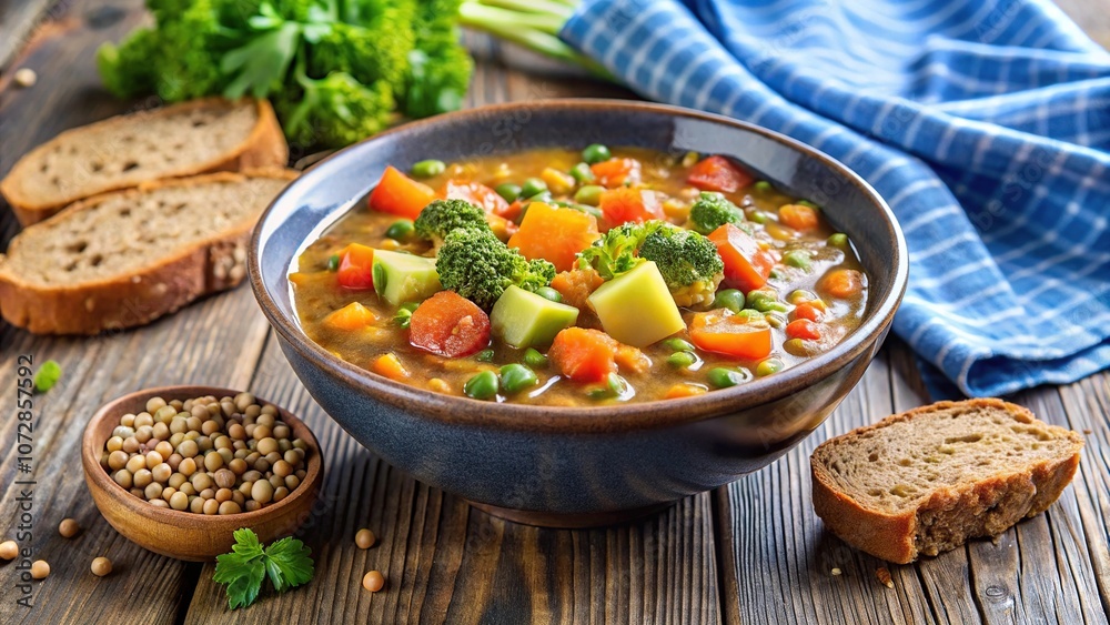 A vibrant bowl of lentil soup with a side of steamed vegetables and whole grain bread, bread, whole grains, soup, lentils, healthy eating A vibrant bowl of lentil soup with a side of steamed vegetables and whole grain bread, bread, whole grains, soup, lentils, healthy eating