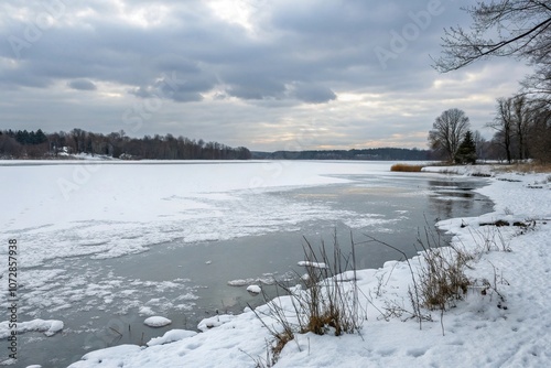 *Frozen pond or lake with a scattering of white snow, frozen pond, granular, mountainous