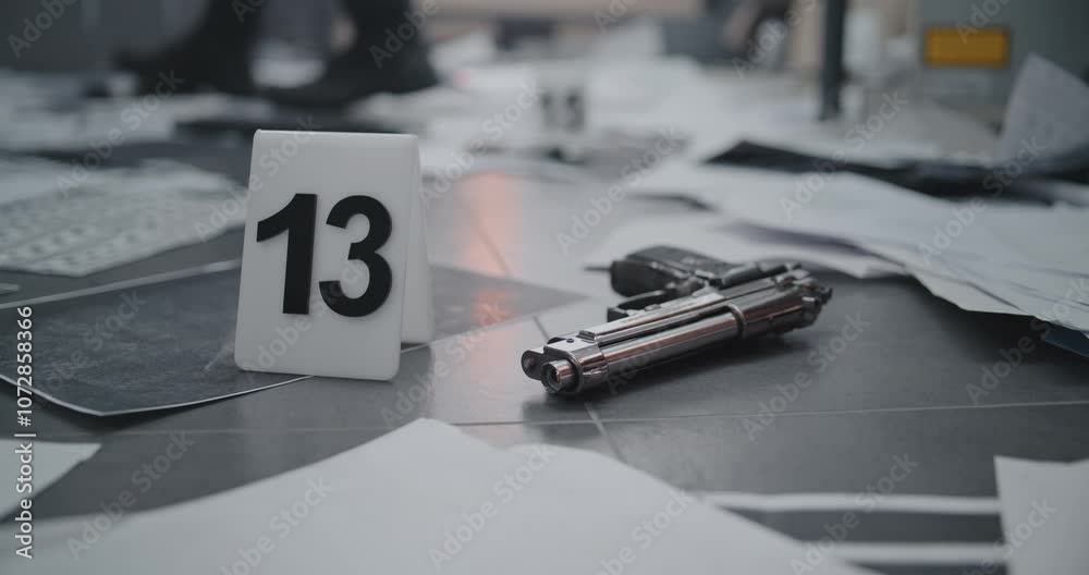 Close up shot of murder weapon lying next to numbered marker at crime ...