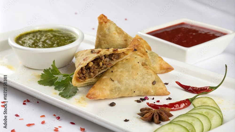 Aromatic keema samosa on a white background with a side of chutney, fresh herbs, flavorful snack, golden brown pastry Aromatic keema samosa on a white background with a side of chutney, fresh herbs, flavorful snack, golden brown pastry
