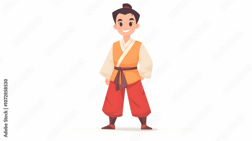 A smiling young man in traditional Chinese clothing with a black belt. A smiling young man in traditional Chinese clothing with a black belt.