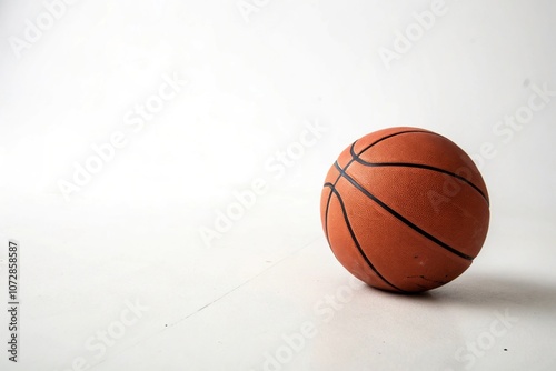 Bouncy basketball sitting alone on a plain white surface, playful, sports apparel, ball