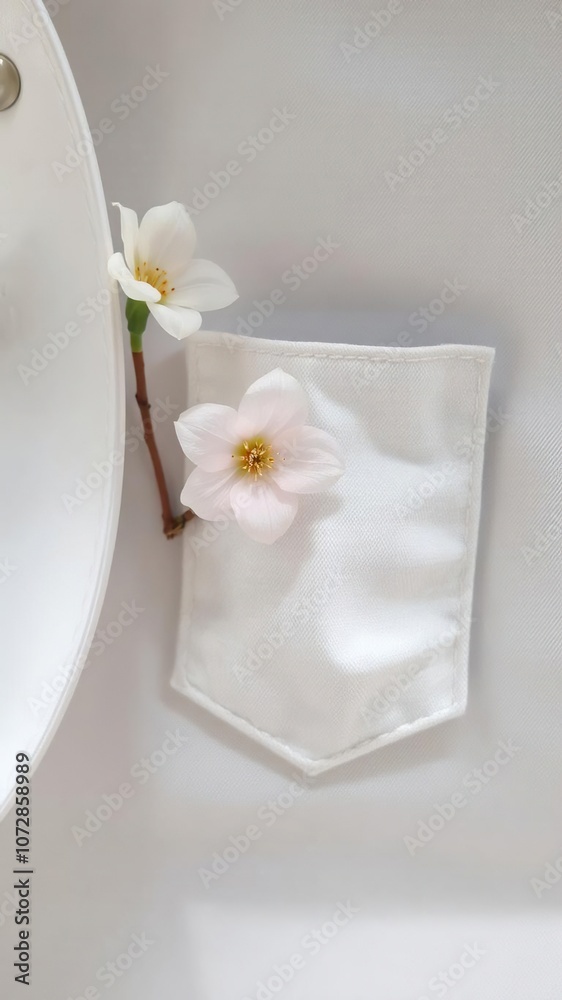 Close-up shot of a white front pocket adorned with a delicate flower, style, trendy, embellishment Close-up shot of a white front pocket adorned with a delicate flower, style, trendy, embellishment