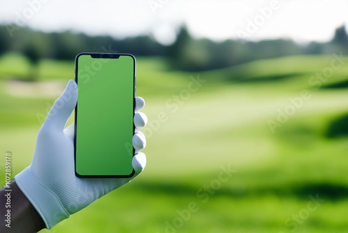 person wearing golf glove holds smartphone with green screen, showcasing beautiful golf course background. scene conveys sense of leisure and technology in sports