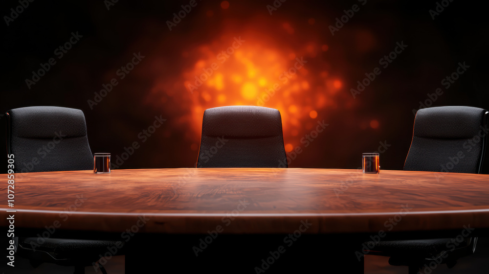 Fototapeta premium A dimly lit conference room features a large wooden table and several chairs, with a glowing fiery background creating a dramatic atmosphere.