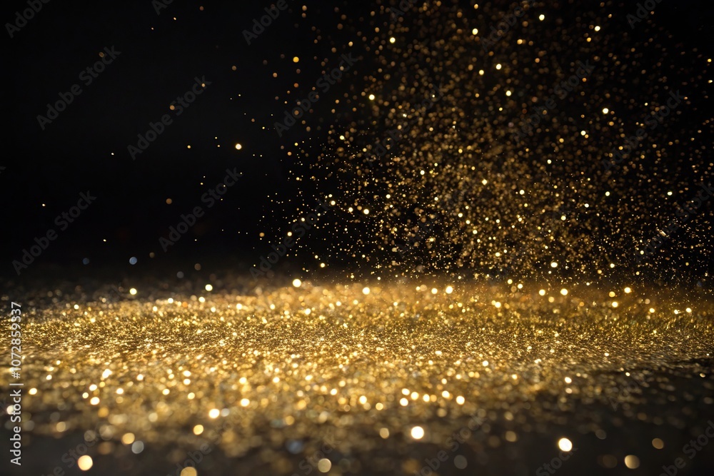 Dense cluster of gold glitter in a darkened space, decorative accent, glitter, ambient light Dense cluster of gold glitter in a darkened space, decorative accent, glitter, ambient light