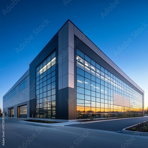 Modern logistics warehouse building structure. Big modern building for storage or logistics centre. Blue sky in the background.