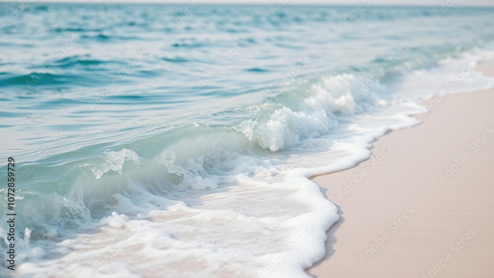 Obraz premium A serene soft blue ocean wave gently lapping against the shore of a tranquil beach on a warm summer day, shoreline, sunshine, gentle