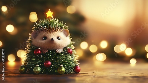 Cute Hedgehog Dressed as a Christmas Tree photo