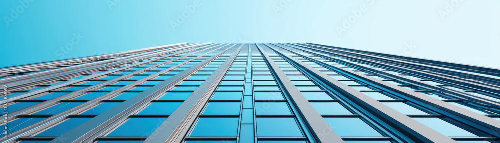 Obraz premium A high-angle view of a modern skyscraper showcasing a façade of glass windows against a clear blue sky.