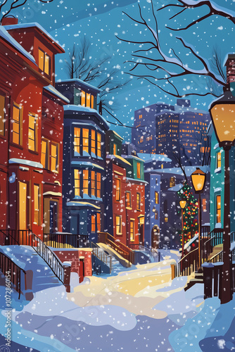 Wallpaper Mural Snowy Christmas Night in Cozy Town City Panorama. Winter Landscape and Street View with Falling Snow Torontodigital.ca