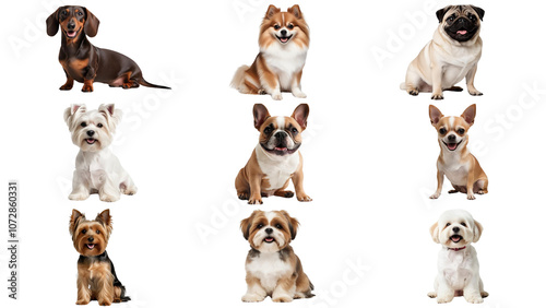 French Bulldog, Chihuahua, Pug, Yorkshire Terrier, Dachshund, Pomeranian, Shih Tzu, Maltese, Bichon Frise are Sitting and Smiling on a white background photo