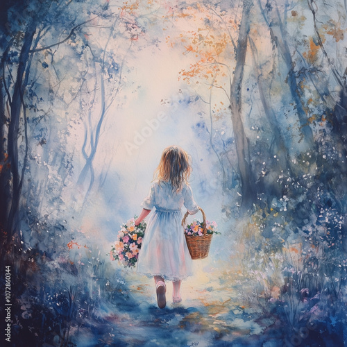 Wallpaper Mural Little Girl in Forest Carry Basket Full of Flowers Watercolor Illustration. Childish Book Image and Picture Torontodigital.ca