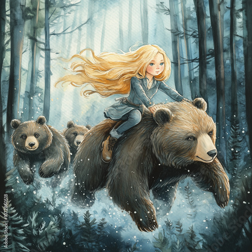 Wallpaper Mural Little Girl with Golden Hair Ride on Back of Bear Run Through Forest. Cute Fabulous Childish Fairy Story Illustration Torontodigital.ca