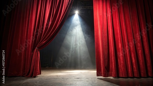 Red velvet curtains partially parted revealing a mystical stage with a glowing spotlight cast on it, opulence, illusion, magical