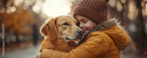 child in cozy jacket hugs golden retriever, showcasing heartwarming bond. warm colors and soft lighting create joyful atmosphere photo