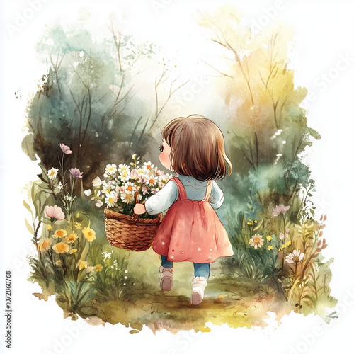 Wallpaper Mural Little Girl in Forest Carry Basket Full of Flowers Watercolor Illustration. Childish Book Image and Picture Torontodigital.ca
