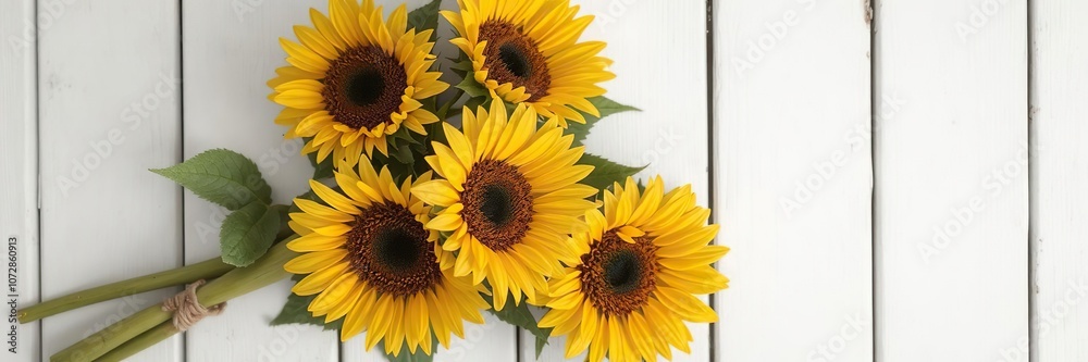Obraz premium Rustic white wooden background adorned with a vibrant bouquet of sunflowers, wood, agriculture, rustic charm