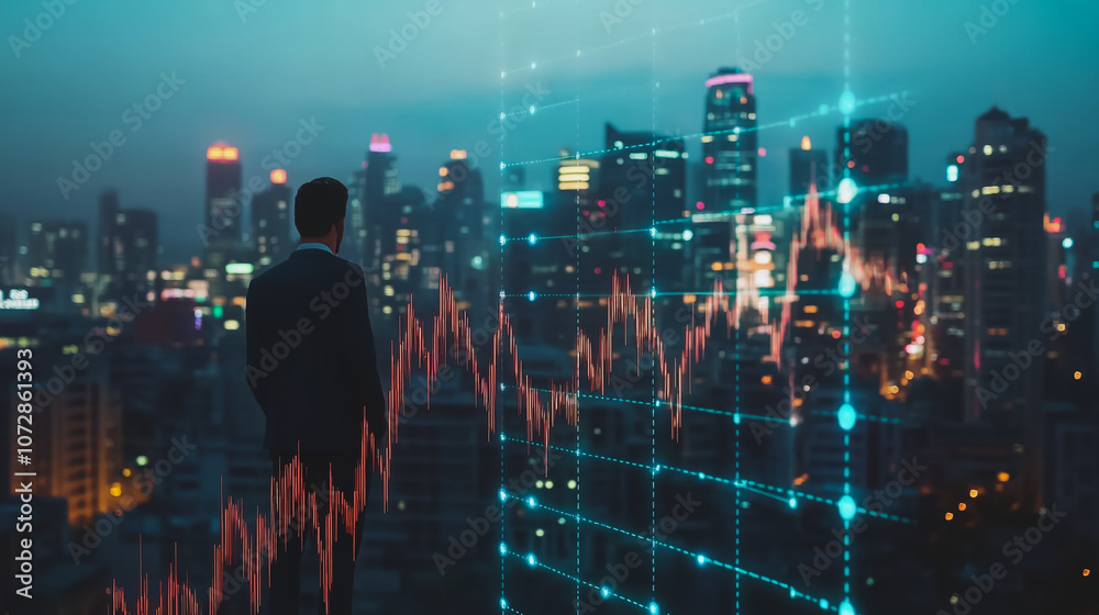 custom made wallpaper toronto digitalAbstract business man stands on the peak of success amid tall, innovative Smart city and graphs with statistics to analyze business potential and predict future developments in company growth.
