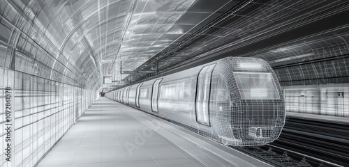 Fototapeta Naklejka Na Ścianę i Meble -  VR station environment enhanced digitally to display a wireframe model of a subway train.
