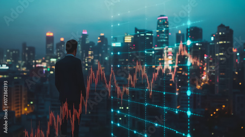 Wallpaper Mural Abstract business man stands on the peak of success amid tall, innovative Smart city and graphs with statistics to analyze business potential and predict future developments in company growth. Torontodigital.ca