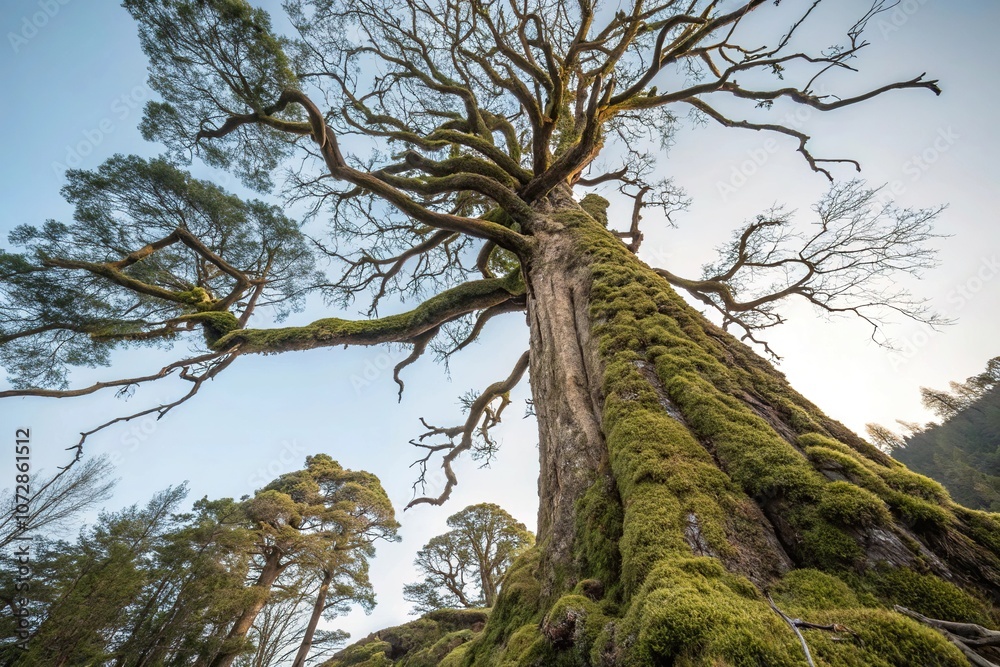 Ancient tree with gnarled branches and moss-covered trunk, arboreal, natural wonder, branches, earthy tones, moss Ancient tree with gnarled branches and moss-covered trunk, arboreal, natural wonder, branches, earthy tones, moss