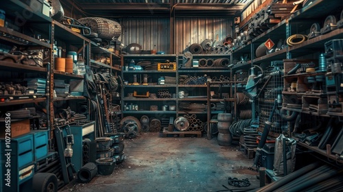 A cluttered workshop space filled with tools and equipment on shelves.