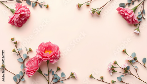 Flowers composition. Paper blank, carnation flowers, eucalyptus branches on pastel  background. Flat lay, top view, copy spaceFlat lay stiil life isolated with white highlights, png