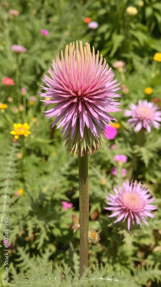 Vibrant echinop globe thistle flower standing tall amidst a lush garden backdrop, tall, nature Vibrant echinop globe thistle flower standing tall amidst a lush garden backdrop, tall, nature