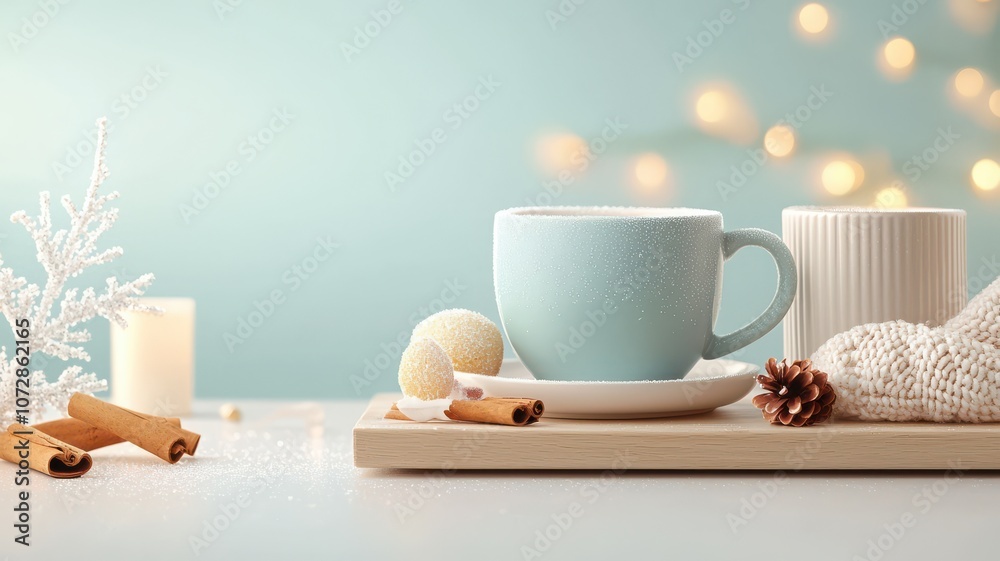 Obraz premium A cozy scene featuring a blue cup, spices, and soft decor, perfect for winter vibes.