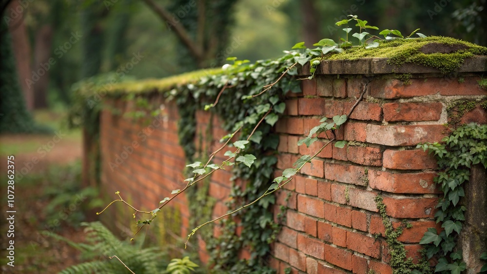 Weathered red brick wall with vines and moss, nature, botanicals, ivy Weathered red brick wall with vines and moss, nature, botanicals, ivy