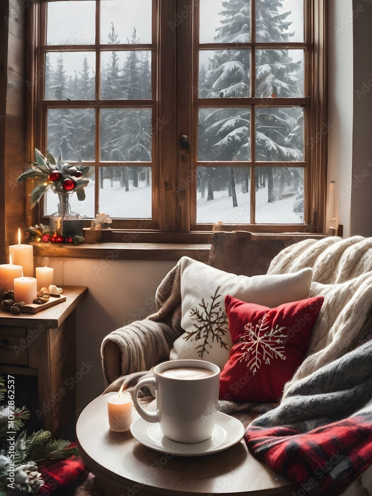 Cozy Christmas reading nook with plush pillows, warm throw blankets, and a holiday-themed mug of hot cocoa by the window.