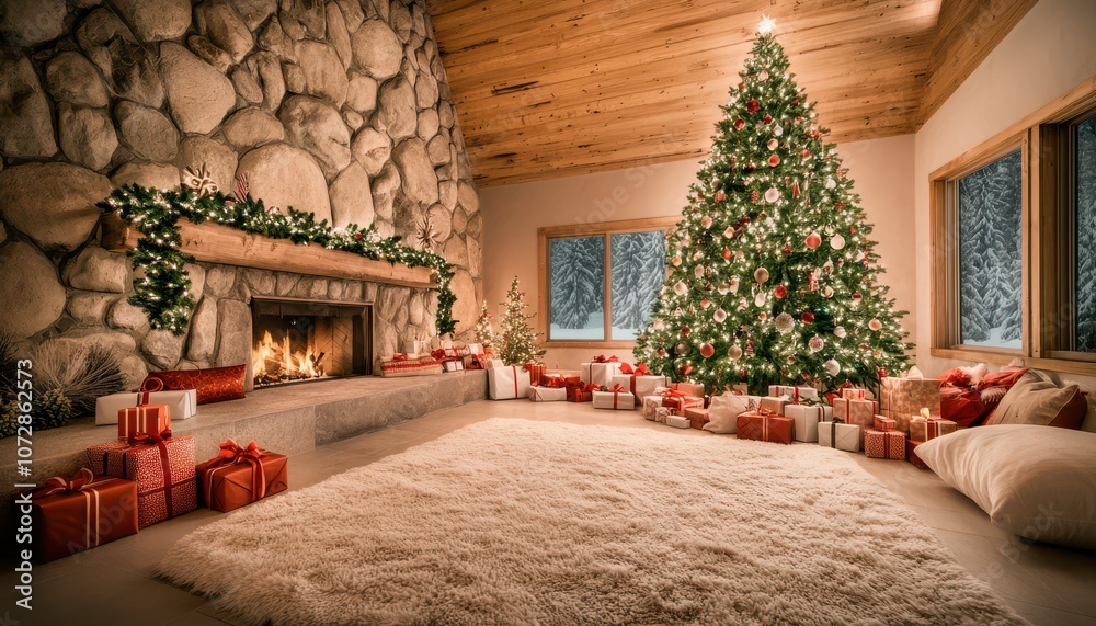 Obraz premium Cozy Christmas living room with a decorated tree and festive gifts around.