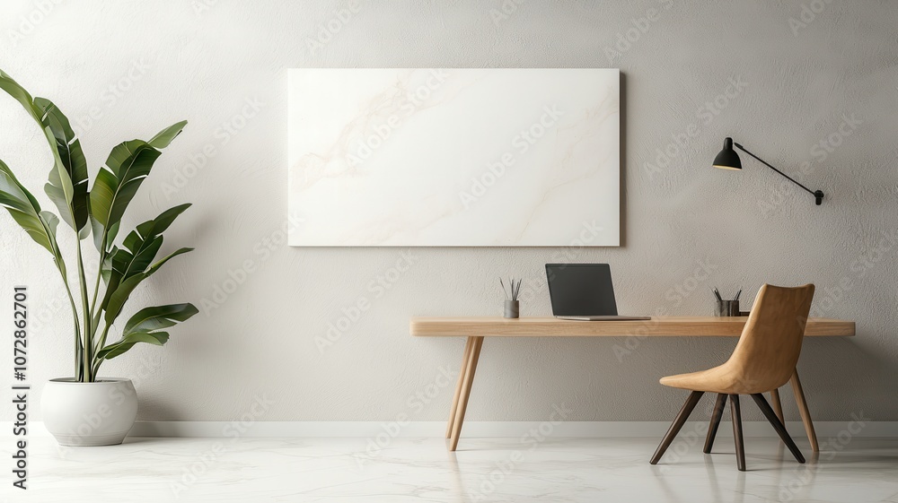 Fototapeta premium Minimalist workspace with plants, desk, and modern decor for creative productivity.