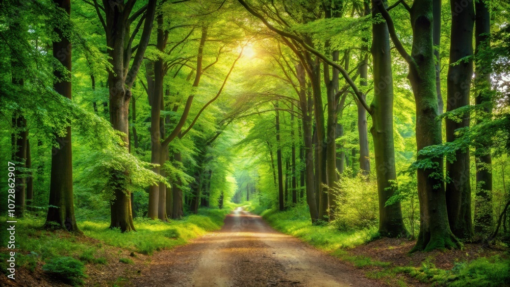 Obraz premium A sunlit path through a lush canopy of trees, dappled light filtering through the leaves, creating a magical atmosphere