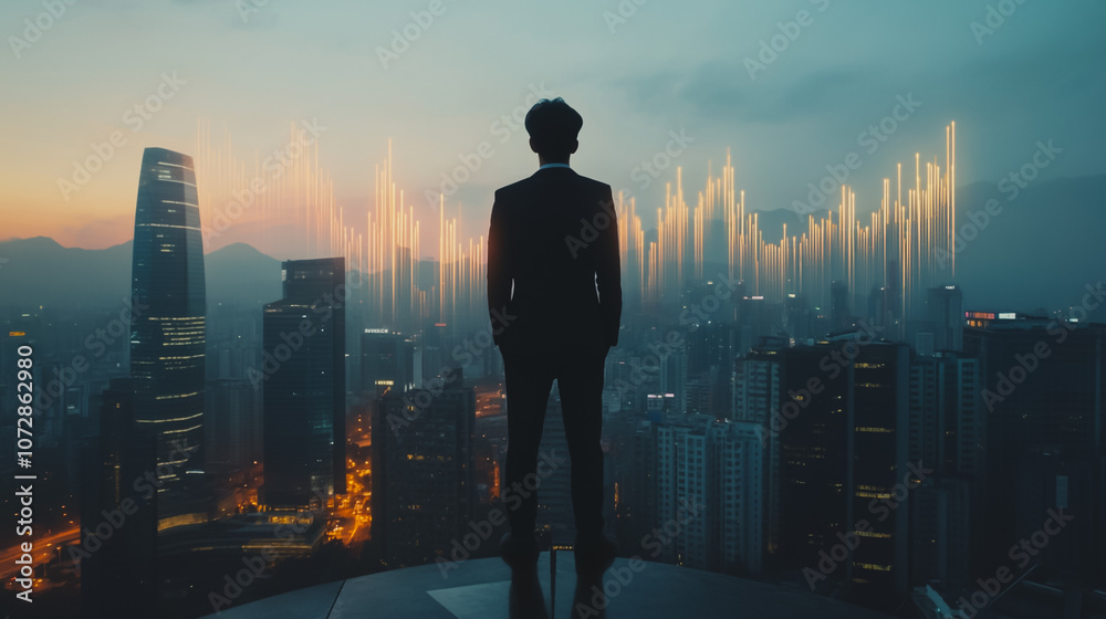 Abstract business man stands on the peak of success amid tall, innovative Smart city and graphs with statistics to analyze business potential and predict future developments in company growth. Abstract business man stands on the peak of success amid tall, innovative Smart city and graphs with statistics to analyze business potential and predict future developments in company growth.