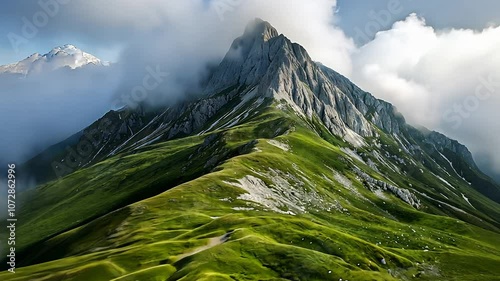 Majestic Mountain Peak with Rolling Green Hills and Clouds, Aerial Drone View of Natural Landscape